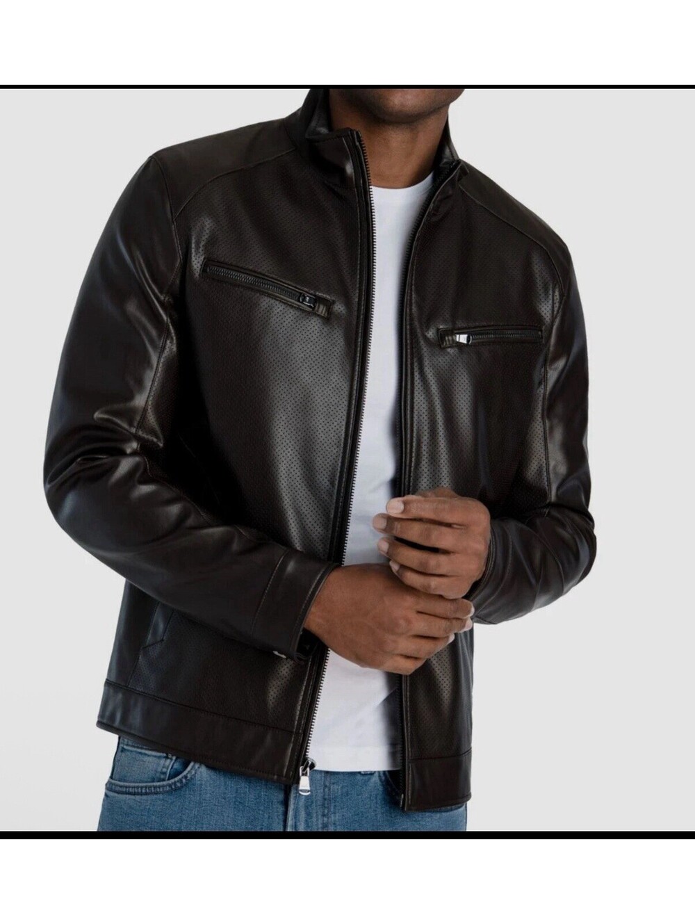Michael Kors Men's Perforated Faux Leather Moto Jacket Size S